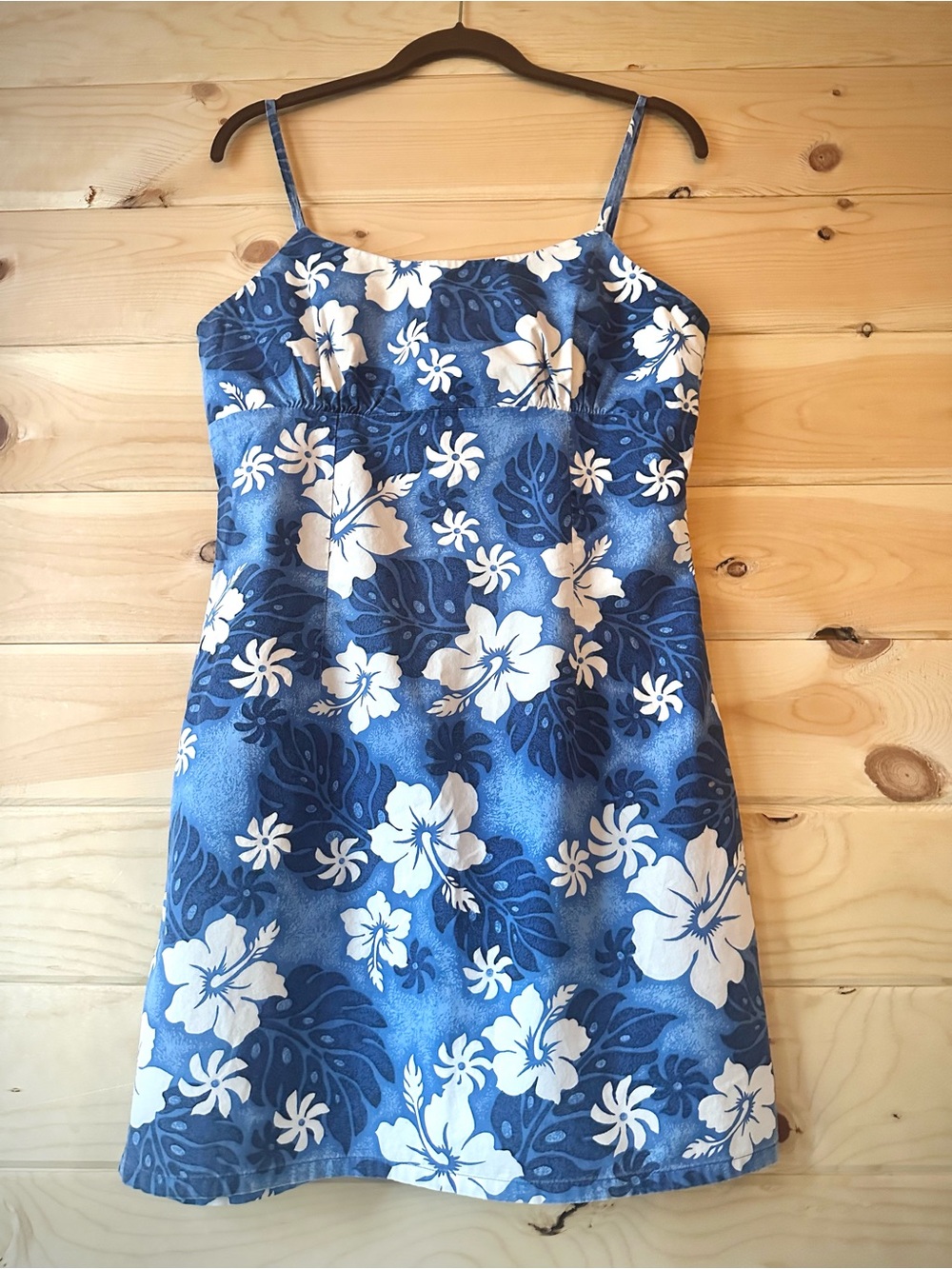 Vintage Y2K Jade Fashions Hawaiian Floral Cami Dress Blue White Tropical Mini M